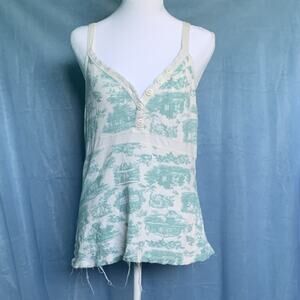 P.J. Salvage White Green Toile Print Waffle Knit Cotton Cami Sleeveless XL
